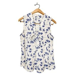 Ember Sleeveless Floral Print Tie Front Blouse Blue White Medium M